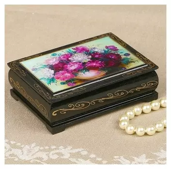 Шкатулка Цветы, лаковая миниатюра, 8×10 см