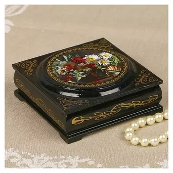 Шкатулка "Цветы" с накладкой, 10×10 см, лаковая миниатюра