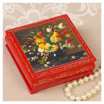 Шкатулка «Цветы в вазе», красная, 10х10 см, лаковая миниатюра