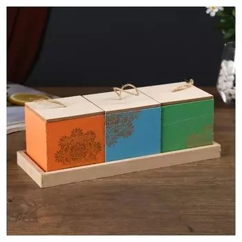 Шкатулка дерево 3 ящика "Золотое мехенди" 9,5х11х29 см