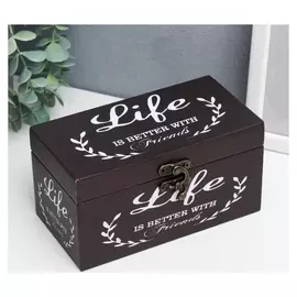 Шкатулка дерево кожзам "Надпись - жизнь и друзья" 8х8х16 см