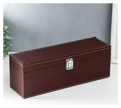 Шкатулка дерево, кожзам под бутылку "Коричневая с белой строчкой" 4 предмета 36х11х12 см