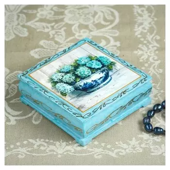 Шкатулка «Гортензии в вазе», ,бирюза, 10×10 см, лаковая миниатюра