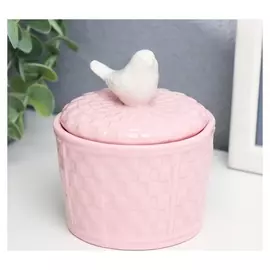 Шкатулка керамика "Белый воробей. плетёнка" розовая 9,5х8,1х8,1 см