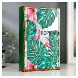 Шкатулка-книга дерево кожзам "Фламинго в тропиках" зеркало 26х17,5х5 см