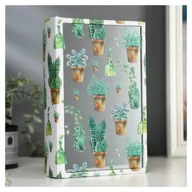 Шкатулка-книга дерево кожзам "Суккуленты в горшках" зеркало 26х17,5х5 см