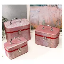 Шкатулка кожзам для косметики "Рябь красная" н-р 3 шт 16,5х15х23; 14х13х21; 10,5х10х18,5см