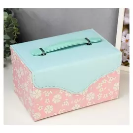 Шкатулка кожзам для украшений "Белые цветы" розово-голубая 13,5х23х15,5 см