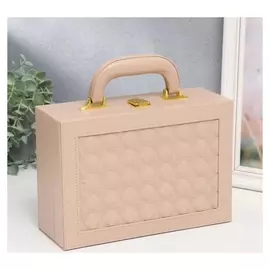 Шкатулка кожзам для украшений чемодан "Крупная клетка" бежевая 9х25х17 см