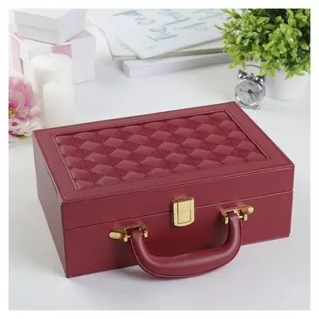 Шкатулка кожзам для украшений чемодан "Крупная клетка" красная 9х25х17,3 см