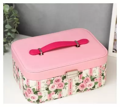 Шкатулка кожзам для украшений "Полоски и розы" розовая 10,5х25х18,5 см