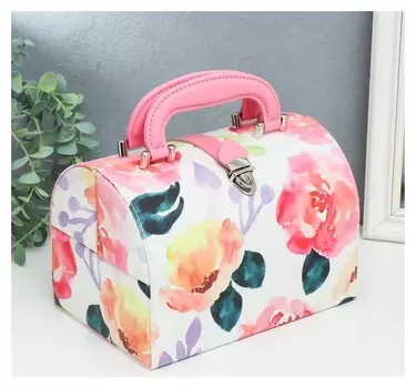 Шкатулка кожзам для украшений сундучок "Акварельные цветы" розовые 15х15х22,5 см