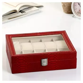 Шкатулка кожзам под часы 10 отделений "Питон бордовый с прожилками" 7,5х25,5х20 см