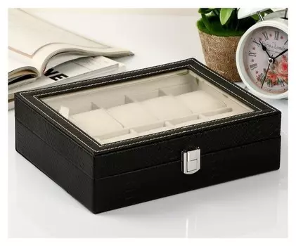 Шкатулка кожзам под часы 10 отделений "Питон чёрный с белой строчкой" 7,5х25,5х20 см