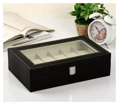 Шкатулка кожзам под часы 12 отделений "Питон чёрный с белой строчкой" 9х32х20 см