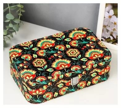 Шкатулка кожзам под часы 1 отделение и бижутерию "Сказочные цветы на чёрном" 7х22х14,5 см