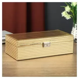 Шкатулка кожзам под часы 2 отделения и бижутерию "Полосы" золото лак 9х30х15,5 см