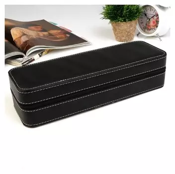 Шкатулка кожзам под часы 6 отделений "Чёрная с белой строчкой" на молнии 7,5х11х33 см