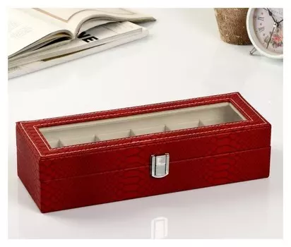 Шкатулка кожзам под часы 6 отделений "Питон бордовый с прожилками" 11х31х7,5 см