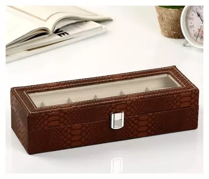 Шкатулка кожзам под часы 6 отделений "Питон коричневый с прожилками" 11х31х7,5 см