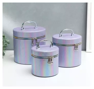 Шкатулка кожзам с зеркалом "Полосы сирень" н-р 3шт 14х14х14 17,5х17,5х17,5 20х20х20см