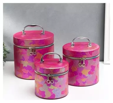 Шкатулка кожзам с зеркалом "Пятна розовый оранж" н-р 3шт 14х14х14 17,5х17,5х17,5 20х20х20 см 53860