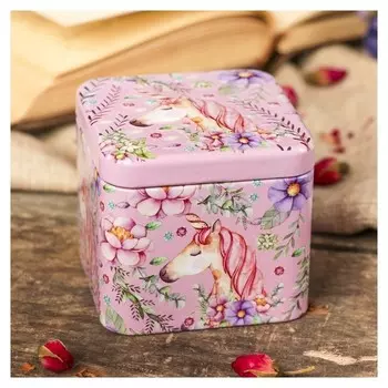 Шкатулка металл квадрат "Единорог в цветах" 6,7х7,5х7,5 см