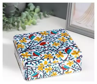 Шкатулка металл квадрат "Птички на цветущих ветках" 6х17х17 см