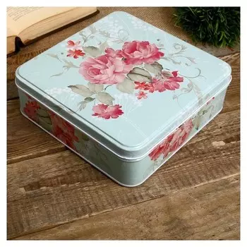 Шкатулка металл квадрат "Розовые розы на голубом" 5,5х18,5х18,5 см