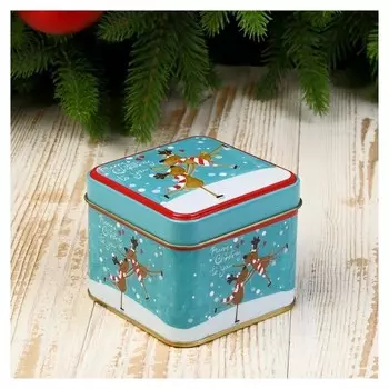 Шкатулка металл новогодняя квадрат "Олени на льду" 6,7х7,5х7,5 см