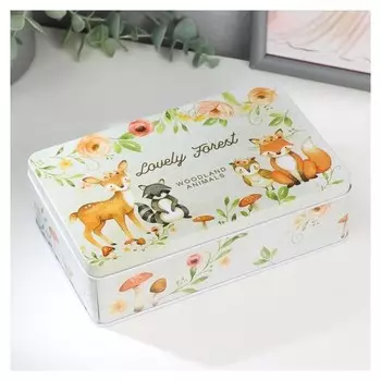 Шкатулка металл прямоугольная "Лесные звери" 5,5х18,5х12 см