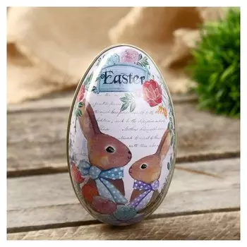 Шкатулка металл яйцо "Пасхальные кролики" 11х6,5х7 см