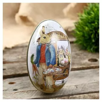 Шкатулка металл яйцо "Заяц с корзиной крашенных яиц" 11х6,5х7 см