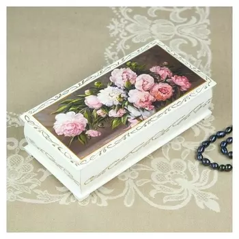Шкатулка «Пионы», белая, 11×22 см, лаковая миниатюра