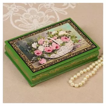 Шкатулка «Розы с полевыми цветами в корзине», зелёная, 11×16 см, лаковая миниатюра