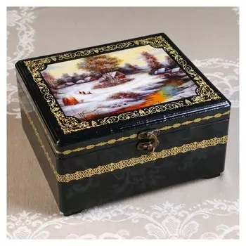 Шкатулка - сундук «Деревня у ручья», лаковая миниатюра, 22х22х11,5 см