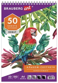 Скетчбук, белая бумага 100 г/м2, 205х290 мм, 50 л., гребень, жёсткая подложка, Brauberg ART Debut, 110983