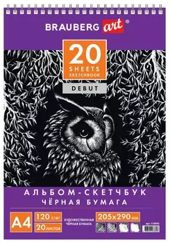 Скетчбук, черная бумага 120 г/м2, 205х290 мм, 20 л., гребень, жёсткая подложка, BRAUBERG ART "DEBUT"