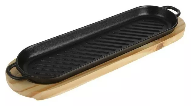 Сковорода «Овал гриль», 38×16×2 см, с ручками, на деревянной подставке