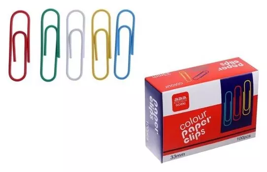 Скрепки 33 мм, цветные, в картонной коробке, 100 шт.