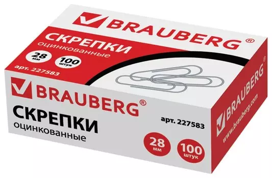 Скрепки Brauberg, 28 мм, оцинкованные, 100 шт., в картонной коробке