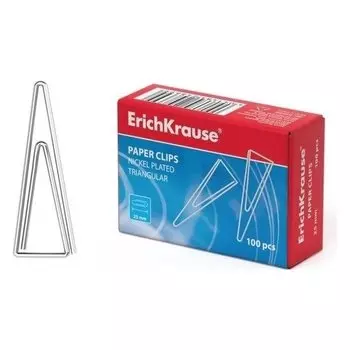 Скрепки канцелярские 25 мм, никель, 100 штук, Erich Krause, треугольные