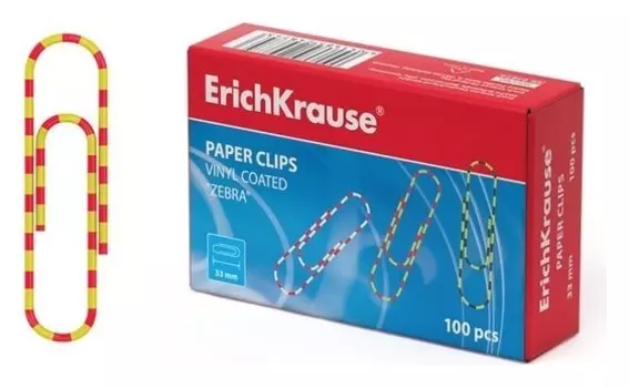 Скрепки канцелярские 33 мм, цветные, 100 штук, Erich Krause, «Зебра», с виниловым покрытием