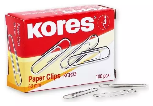 Скрепки Kores с отгибом, 33 мм никелированные 100 шт.в карт.уп