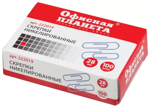 Скрепки офисная планета, 28 мм, никелированные, 100 шт., в картонной коробке, 222019