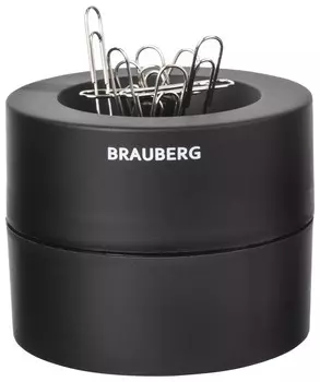 Скрепочница магнитная Brauberg с 30 скрепками, большой бочонок, черная