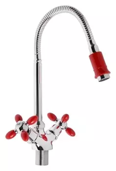 Смеситель для кухни Zein Zc2027, гибкий излив, кран-букса латунь 1/2", красный/хром