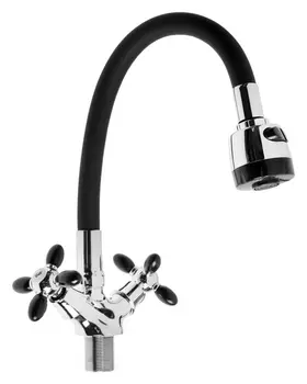 Смеситель для кухни Zein Zc2028, гибкий силикон излив, кран-букса латунь 1/2", черный/хром