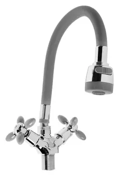 Смеситель для кухни Zein Zc2030, гибкий силикон излив, кран-букса латунь 1/2", серый/хром