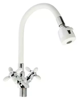 Смеситель для кухни Zein Zc2032, гибкий силикон излив, кран-букса латунь 1/2", белый/хром